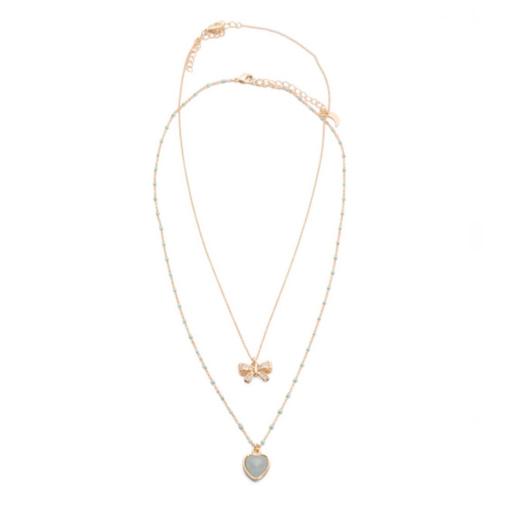 LUNA NORTE Bow And Heart Charm Necklace Set With Genuine Aquamarine NWTS - Picture 5 of 12